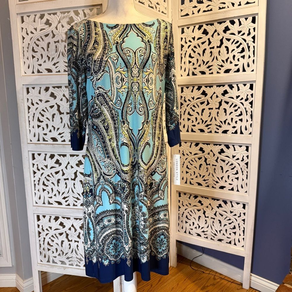 NWT London Style Elegant Blue Paisley Dress Sz 14